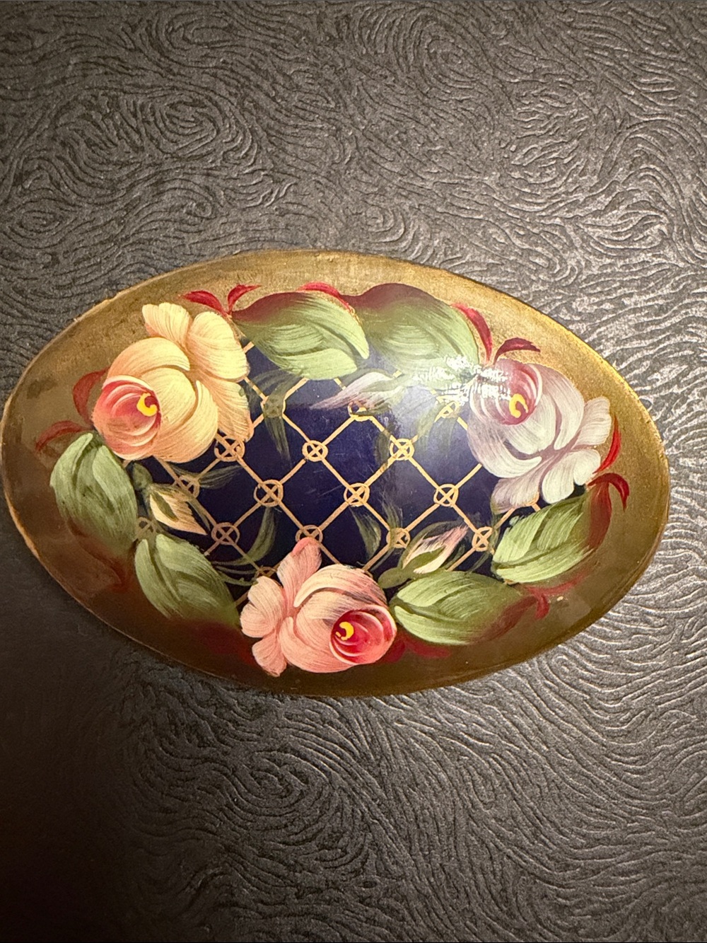 Russian Hand-Painted Floral Brooch in Blue, Pink and Gold